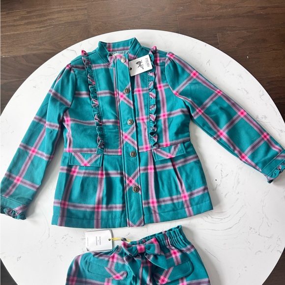 Finding Foxtale Center Stage Girls Blazer & Shorts Set Plaid Teal Green Pink 8 - Picture 3 of 6